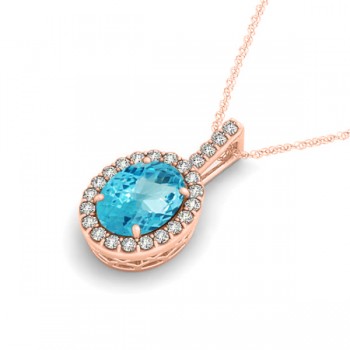 Blue Topaz & Diamond Halo Oval Pendant Necklace 14k Rose Gold (1.27ct)