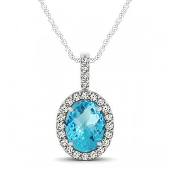 Blue Topaz & Diamond Halo Oval Pendant Necklace 14k White Gold (1.27ct)
