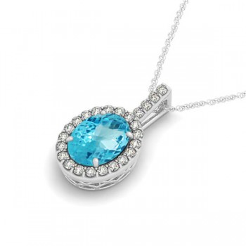 Blue Topaz & Diamond Halo Oval Pendant Necklace 14k White Gold (1.27ct)