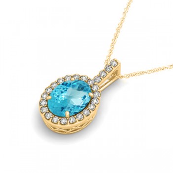 Blue Topaz & Diamond Halo Oval Pendant Necklace 14k Yellow Gold (1.27ct)