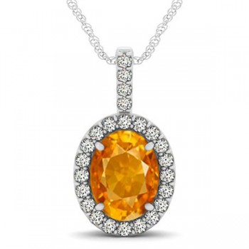 Citrine & Diamond Halo Oval Pendant Necklace 14k White Gold (2.62ct)