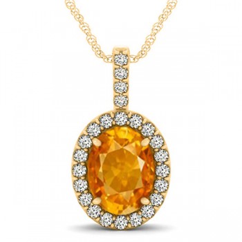 Citrine & Diamond Halo Oval Pendant Necklace 14k Yellow Gold (2.62ct)