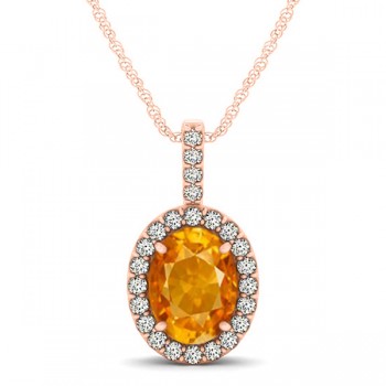 Citrine & Diamond Halo Oval Pendant Necklace 14k Rose Gold (1.02ct)