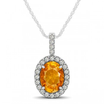 Citrine & Diamond Halo Oval Pendant Necklace 14k White Gold (1.02ct)