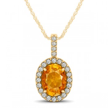 Citrine & Diamond Halo Oval Pendant Necklace 14k Yellow Gold (1.02ct)