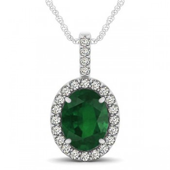Emerald & Diamond Halo Oval Pendant Necklace 14k White Gold (2.47ct)