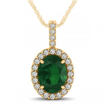Emerald & Diamond Halo Oval Pendant Necklace 14k Yellow Gold (2.47ct)