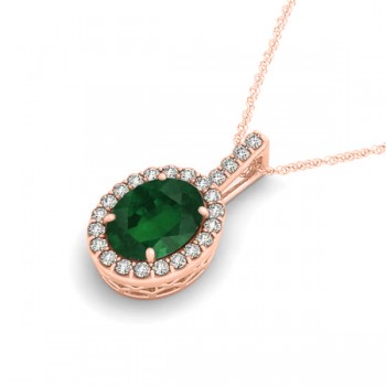 Emerald & Diamond Halo Oval Pendant Necklace 14k Rose Gold (1.02ct)