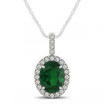 Emerald & Diamond Halo Oval Pendant Necklace 14k White Gold (1.02ct)