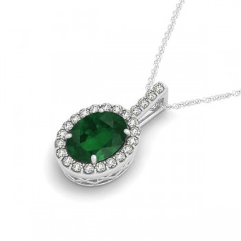 Emerald & Diamond Halo Oval Pendant Necklace 14k White Gold (1.02ct)