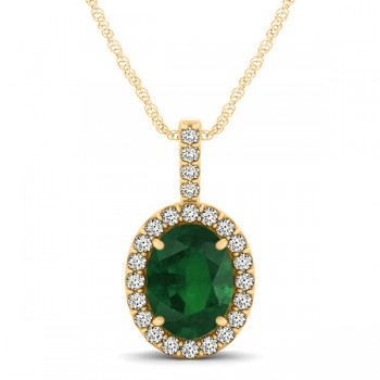 Emerald & Diamond Halo Oval Pendant Necklace 14k Yellow Gold (1.02ct)