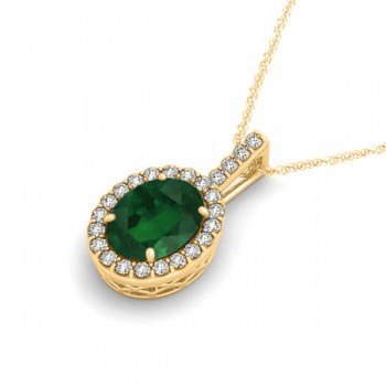 Emerald & Diamond Halo Oval Pendant Necklace 14k Yellow Gold (1.02ct)