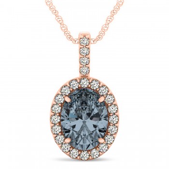 Gray Spinel & Diamond Halo Oval Pendant Necklace 14k Rose Gold (2.62ct)