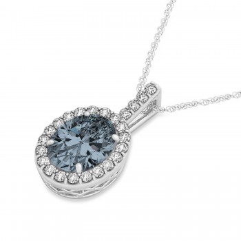 Gray Spinel & Diamond Halo Oval Pendant Necklace 14k White Gold (2.62ct)