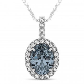 Gray Spinel & Diamond Halo Oval Pendant Necklace 14k White Gold (1.02ct)