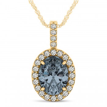 Gray Spinel & Diamond Halo Oval Pendant Necklace 14k Yellow Gold (1.02ct)