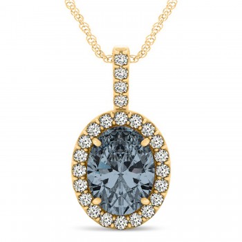 Gray Spinel & Diamond Halo Oval Pendant Necklace 14k Yellow Gold (1.02ct)