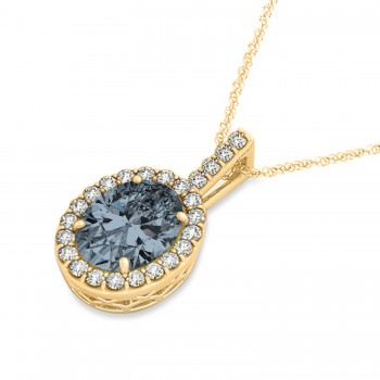 Gray Spinel & Diamond Halo Oval Pendant Necklace 14k Yellow Gold (1.02ct)