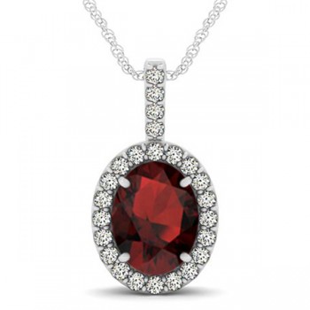 Garnet & Diamond Halo Oval Pendant Necklace 14k White Gold (3.02ct)