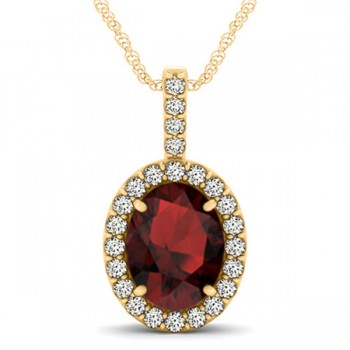 Garnet & Diamond Halo Oval Pendant Necklace 14k Yellow Gold (3.02ct)