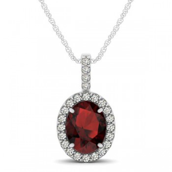 Garnet & Diamond Halo Oval Pendant Necklace 14k White Gold (1.17ct)