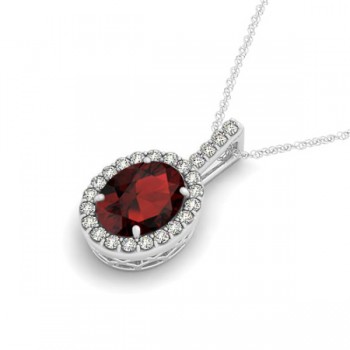 Garnet & Diamond Halo Oval Pendant Necklace 14k White Gold (1.17ct)