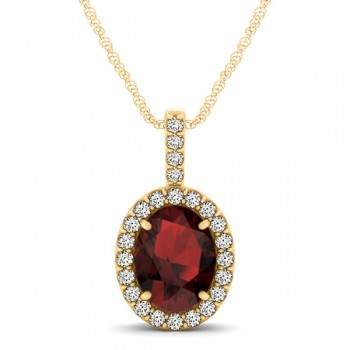 Garnet & Diamond Halo Oval Pendant Necklace 14k Yellow Gold (1.17ct)