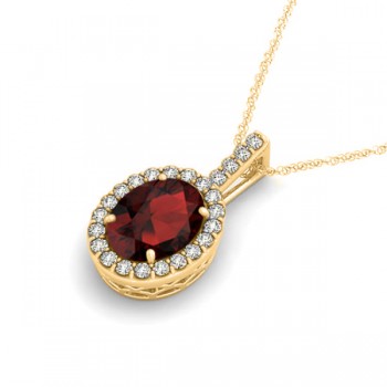 Garnet & Diamond Halo Oval Pendant Necklace 14k Yellow Gold (1.17ct)