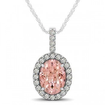 Pink Morganite & Diamond Halo Oval Pendant Necklace 14k White Gold (2.82ct)