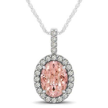 Pink Morganite & Diamond Halo Oval Pendant Necklace 14k White Gold (2.82ct)