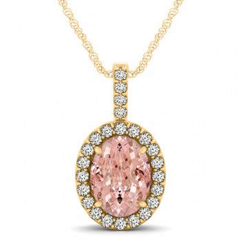 Pink Morganite & Diamond Halo Oval Pendant Necklace 14k Yellow Gold (2.82ct)