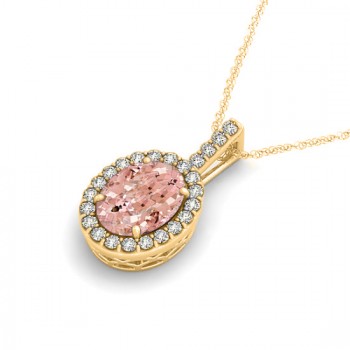 Pink Morganite & Diamond Halo Oval Pendant Necklace 14k Yellow Gold (2.82ct)