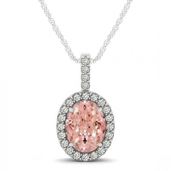 Pink Morganite & Diamond Halo Oval Pendant Necklace 14k White Gold (1.27ct)