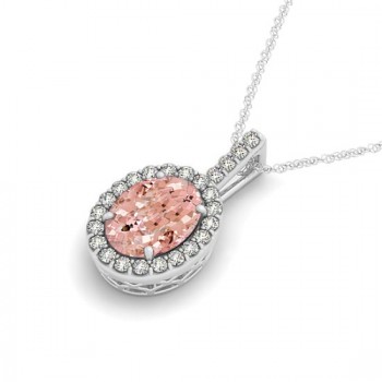 Pink Morganite & Diamond Halo Oval Pendant Necklace 14k White Gold (1.27ct)