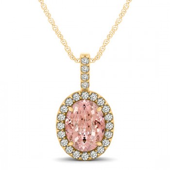 Pink Morganite & Diamond Halo Oval Pendant Necklace 14k Yellow Gold (1.27ct)