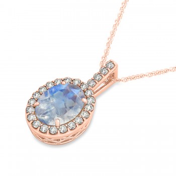 Moonstone & Diamond Halo Oval Pendant Necklace 14k Rose Gold (1.22ct)