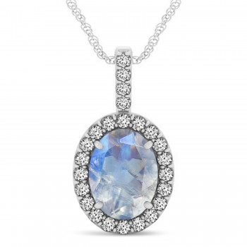 Moonstone & Diamond Halo Oval Pendant Necklace 14k White Gold (1.22ct)