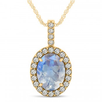 Moonstone & Diamond Halo Oval Pendant Necklace 14k Yellow Gold (1.22ct)