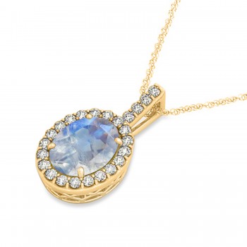 Moonstone & Diamond Halo Oval Pendant Necklace 14k Yellow Gold (1.22ct)