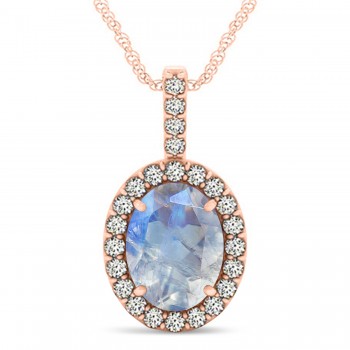 Moonstone & Diamond Halo Oval Pendant Necklace 14k Rose Gold (0.97ct)