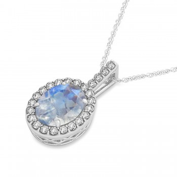 Moonstone & Diamond Halo Oval Pendant Necklace 14k White Gold (0.97ct)