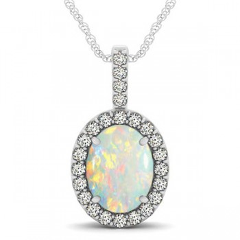 Opal & Diamond Halo Oval Pendant Necklace 14k White Gold (1.90ct)