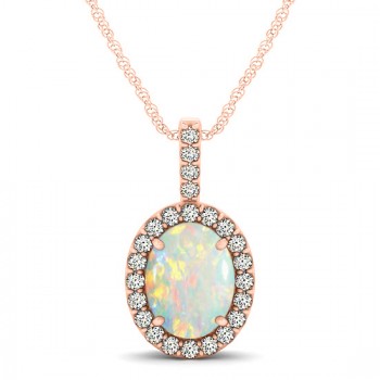 Opal & Diamond Halo Oval Pendant Necklace 14k Rose Gold (0.64ct)