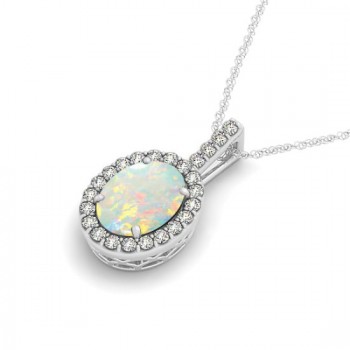 Opal & Diamond Halo Oval Pendant Necklace 14k White Gold (0.64ct)