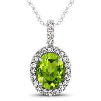 Peridot & Diamond Halo Oval Pendant Necklace 14k White Gold (2.47ct)