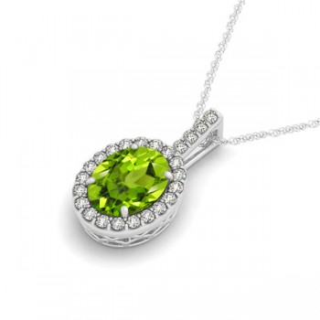 Peridot & Diamond Halo Oval Pendant Necklace 14k White Gold (2.47ct)