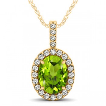 Peridot & Diamond Halo Oval Pendant Necklace 14k Yellow Gold (2.47ct)