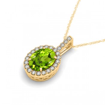 Peridot & Diamond Halo Oval Pendant Necklace 14k Yellow Gold (2.47ct)