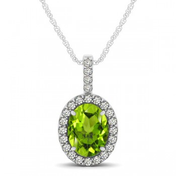 Peridot & Diamond Halo Oval Pendant Necklace 14k White Gold (1.12ct)