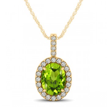 Peridot & Diamond Halo Oval Pendant Necklace 14k Yellow Gold (1.12ct)